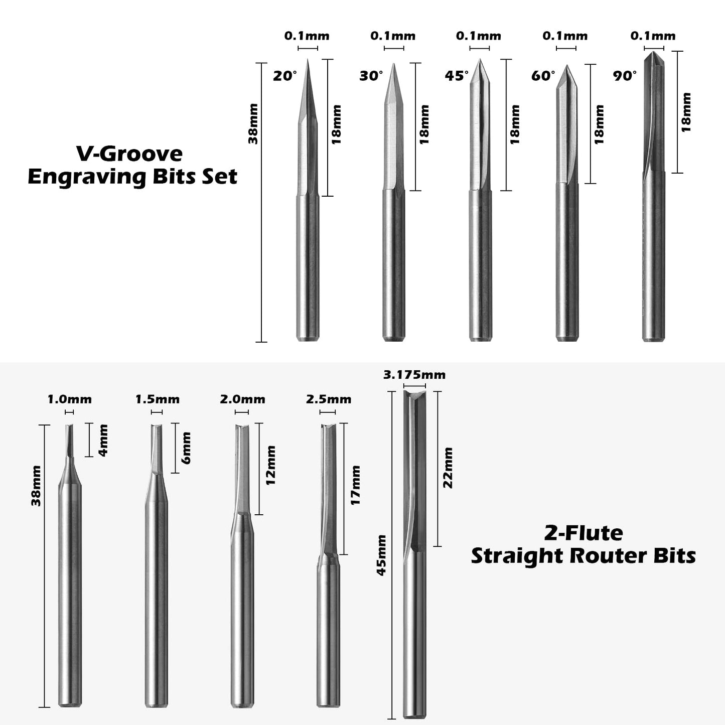 Genmitsu 50pcs Tungsten Carbide End Mill Router Bits, 1/8'' Shank CNC Bit Set Including 2-Flute Straight Bit, Flat Nose & Ball Nose End Mill, PCB Drill & V-Groove Engraving Bits, Nano Blue Coat, MC50A