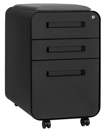 Laura Davidson Furniture STOCKPILE Curve Seated 3-Drawer Mobile File Cabinet with Removable Magnetic Cushion Seat - Metal Filing Cabinet, Pre-Assembled, Black with Dark Grey Cushion