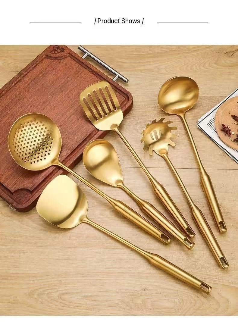 Premium 7-Piece Gold Kitchen Utensil Set with Stand, Stainless Steel Cooking Tools- Dishwasher Safe Ladle, Spoon, Spatula, Pasta Fork, Luxury Brass Kitchen Accessories for Home Chefs (Gold)
