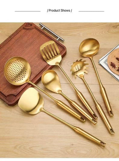 Premium 7-Piece Gold Kitchen Utensil Set with Stand, Stainless Steel Cooking Tools- Dishwasher Safe Ladle, Spoon, Spatula, Pasta Fork, Luxury Brass Kitchen Accessories for Home Chefs (Gold)