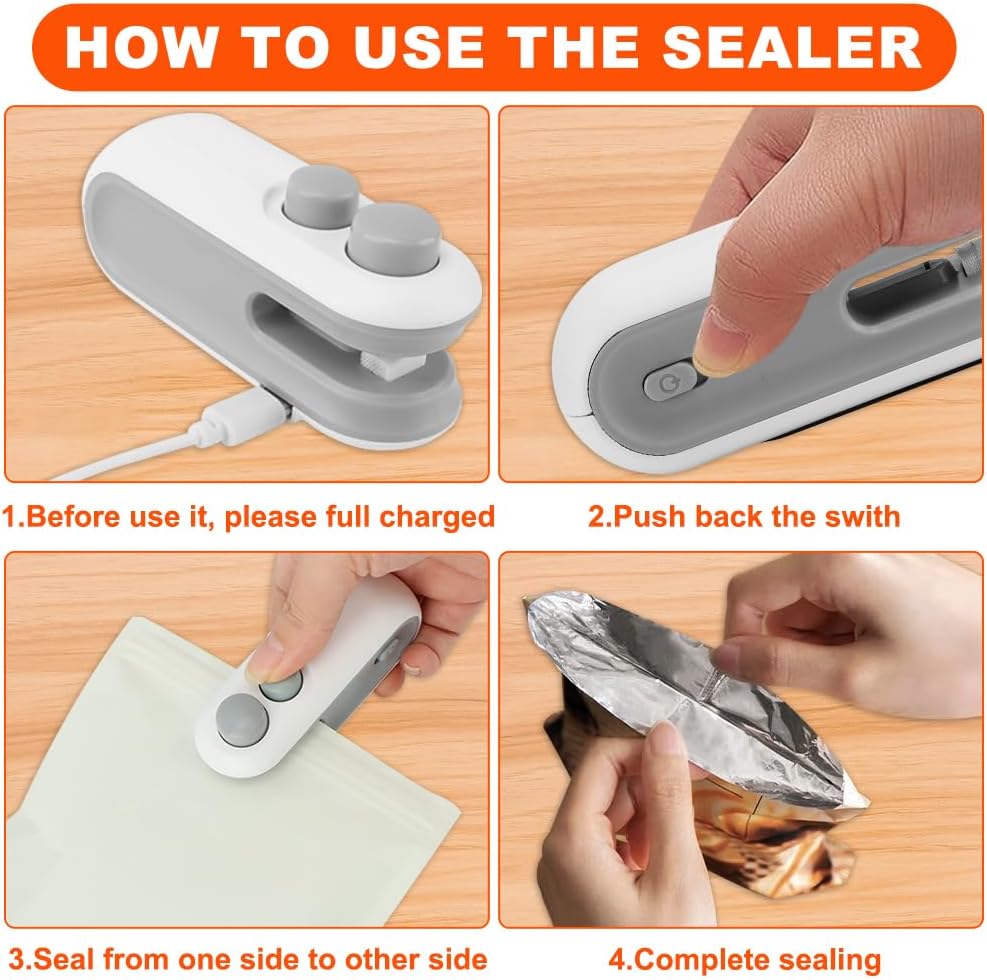 Mini Bag Sealer, USB-C Rechargeable 2 in 1 Heat Sealer with Cutter, Portable Resealer for Food Storage