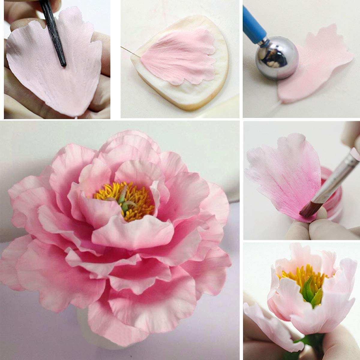 62pcs Gumpaste Flowers and Leaves Fondant Tool Leaf Tool Kit Gum Paste Flower Cutter Set Stainless Steel Flower Cutter Silicone Molds Foam Pad Veining Board Ball Tools Modelling Tools Brushes