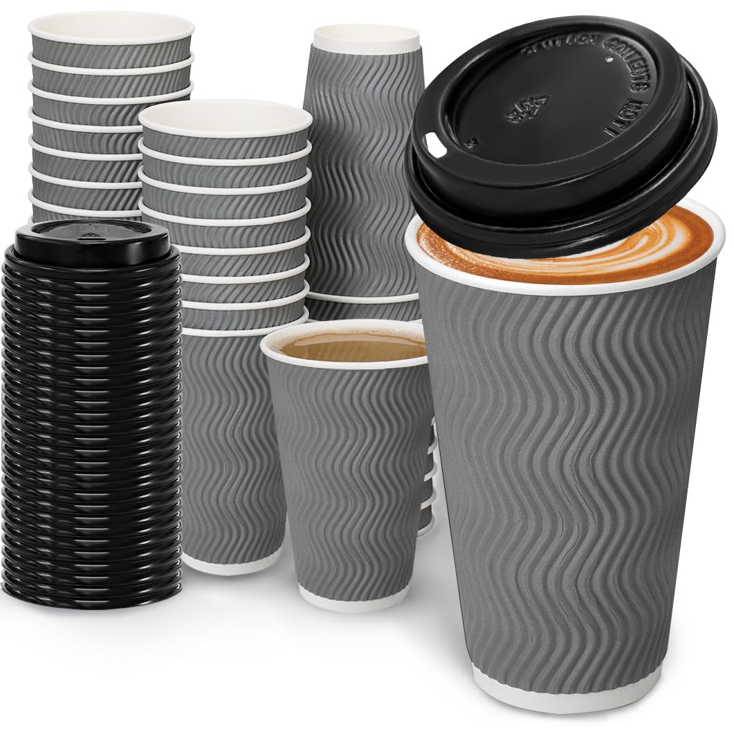 BYSNOW 100 Pack 16 oz Coffee Cups with Lids, Disposable Insulated Hot Cups To Go Paper Coffee Cups, Corrugated Ripple Wall Cup for Hot Drink, Office, Coffee Bar (Grey 16 oz)