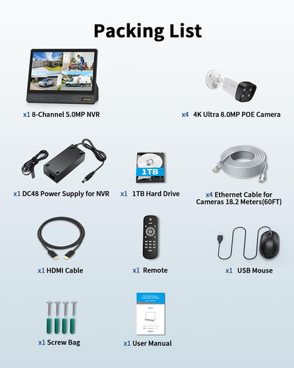 《4K Ultra HD & All-in-One Monitor》Wired Outdoor Security Camera System, POE Cameras for Home Security, NVR Video Surveillance Systems with Motion Detection