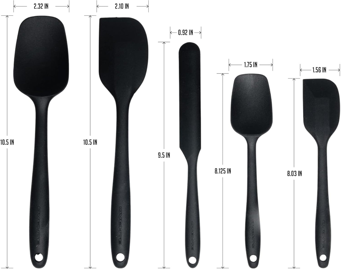 OVENTE Set of 5 Silicone Spatulas, Heat Resistant Food Grade Rubber with Stainless Steel Core, Black