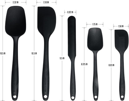 OVENTE Set of 5 Silicone Spatulas, Heat Resistant Food Grade Rubber with Stainless Steel Core, Black