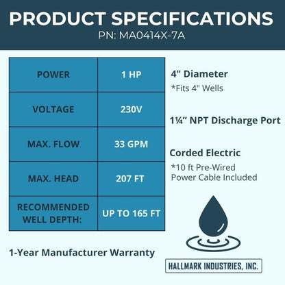 Pump, Deep Well Submersible Pump, 1 Hp, 230V, 33 Gpm, 207 feet, Stainless Steel, Long Life