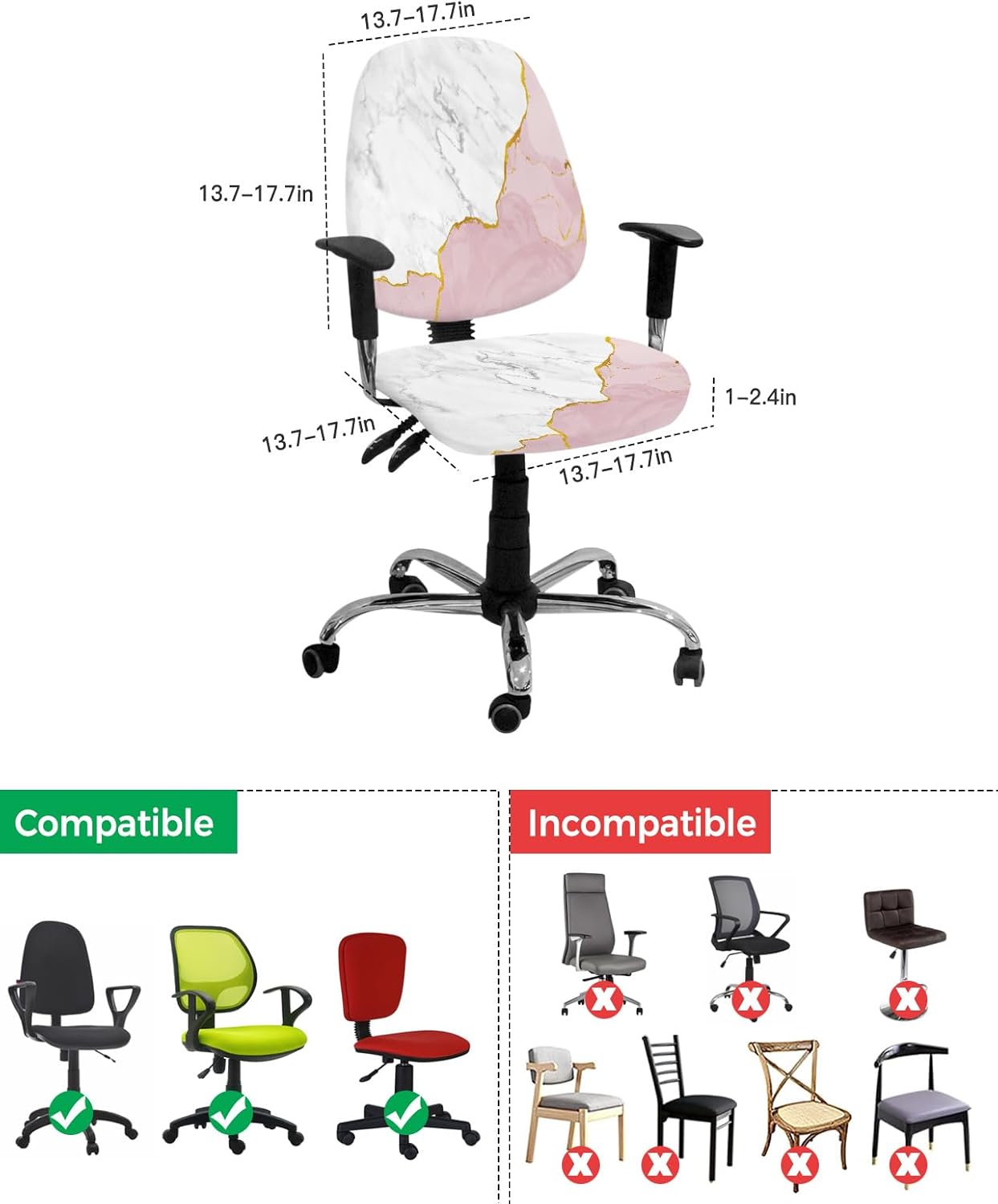 Vandarllin Office Chair Cover, White Gold Blush Pink Stretchable Universal Slipcover with Abstract Marble Agate Design
