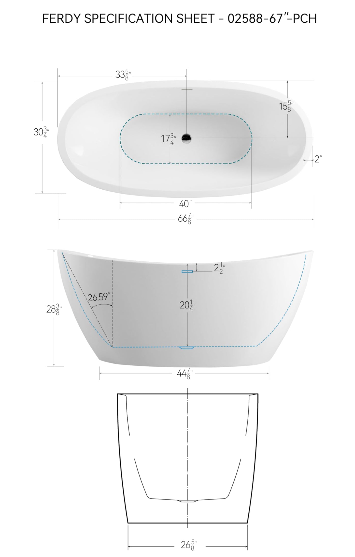 FerdY Naha 67" Acrylic Freestanding Bathtub, Curve Edge Freestanding Soaking Bathtub, Glossy White, cUPC Certified, Toe-Tap Chrome Drain & Overflow Assembly Included, 02588