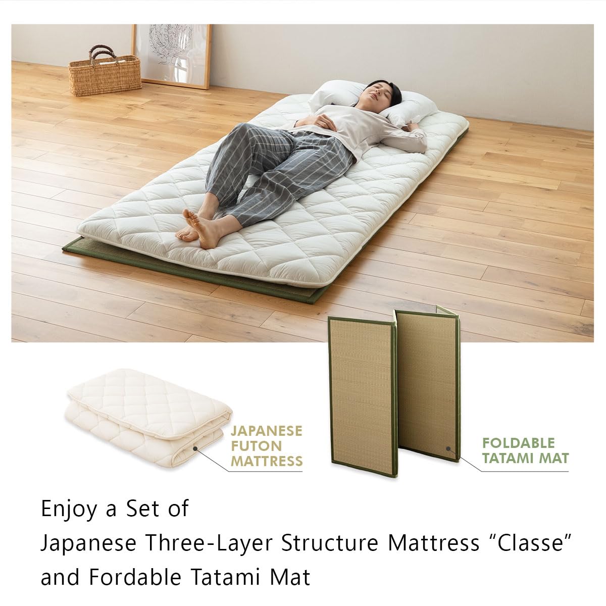 EMOOR Japanese Futon Mattress Premium CLASSE and Tatami Mat Set Twin, Floor Sleeping Mat Sikibuton Igusa Natural Cotton