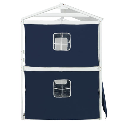 Full Over Full Bunk Bed with Tent, Wood Full Size House Bed Frame, Blue+White