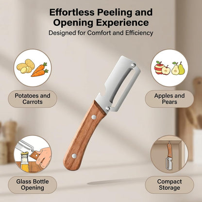 2 Pack Multifunctional Vegetable Peeler, 2-in-1 Kitchen Peeler with Bottle Opener, Sharp Stainless Steel Swivel Blade, Wooden Handle, for Potato, Carrot, Apple & Fruits