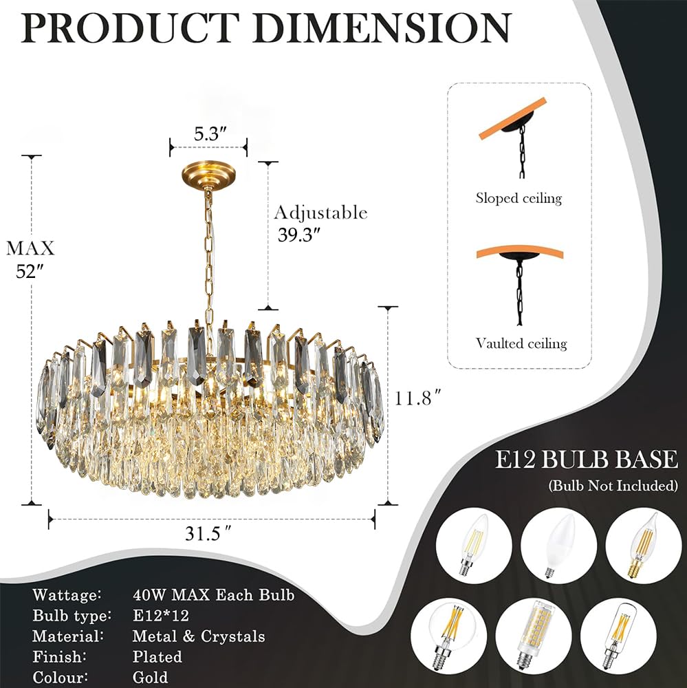 XIAOQIWU 31.5" Gold Crystal Chandeliers Modern3-Tier Luxury Crystal Pendant Light Ceiling Pendant Lighting for Dinning Room Living Room Foyer
