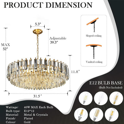 XIAOQIWU 31.5" Gold Crystal Chandeliers Modern3-Tier Luxury Crystal Pendant Light Ceiling Pendant Lighting for Dinning Room Living Room Foyer