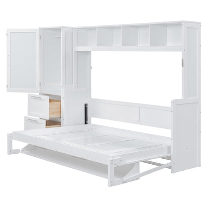 Merax Queen Size Murphy Bed, Modern Wall Bed with Storage Cabinets & Drawers, Space-Saving Foldable for Bedroom Guest Room Home Office Small Apartment, White