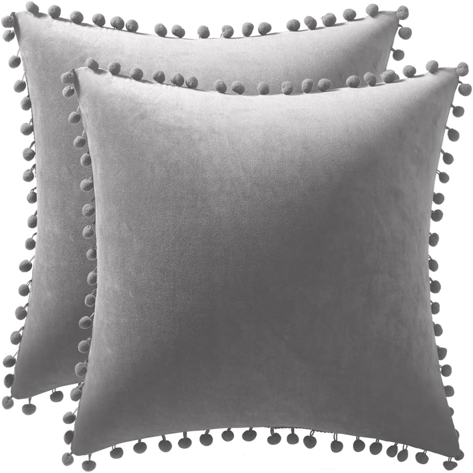 DEZENE Decorative Pillow Cases, 24x24 Light-Grey, 2 Pack Cozy Soft Pom-poms Velvet Square Throw Pillow Covers