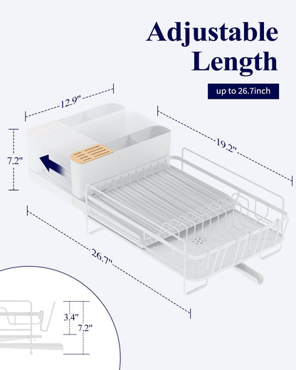 Kitsure Large Dish Drying Rack - Extendable Dish Rack, Multifunctional Dish Rack for Kitchen Counter, Anti-Rust Dish Drainers with Cutlery & Cup Holders 19.2"-26.7" L x 12.9" W, White
