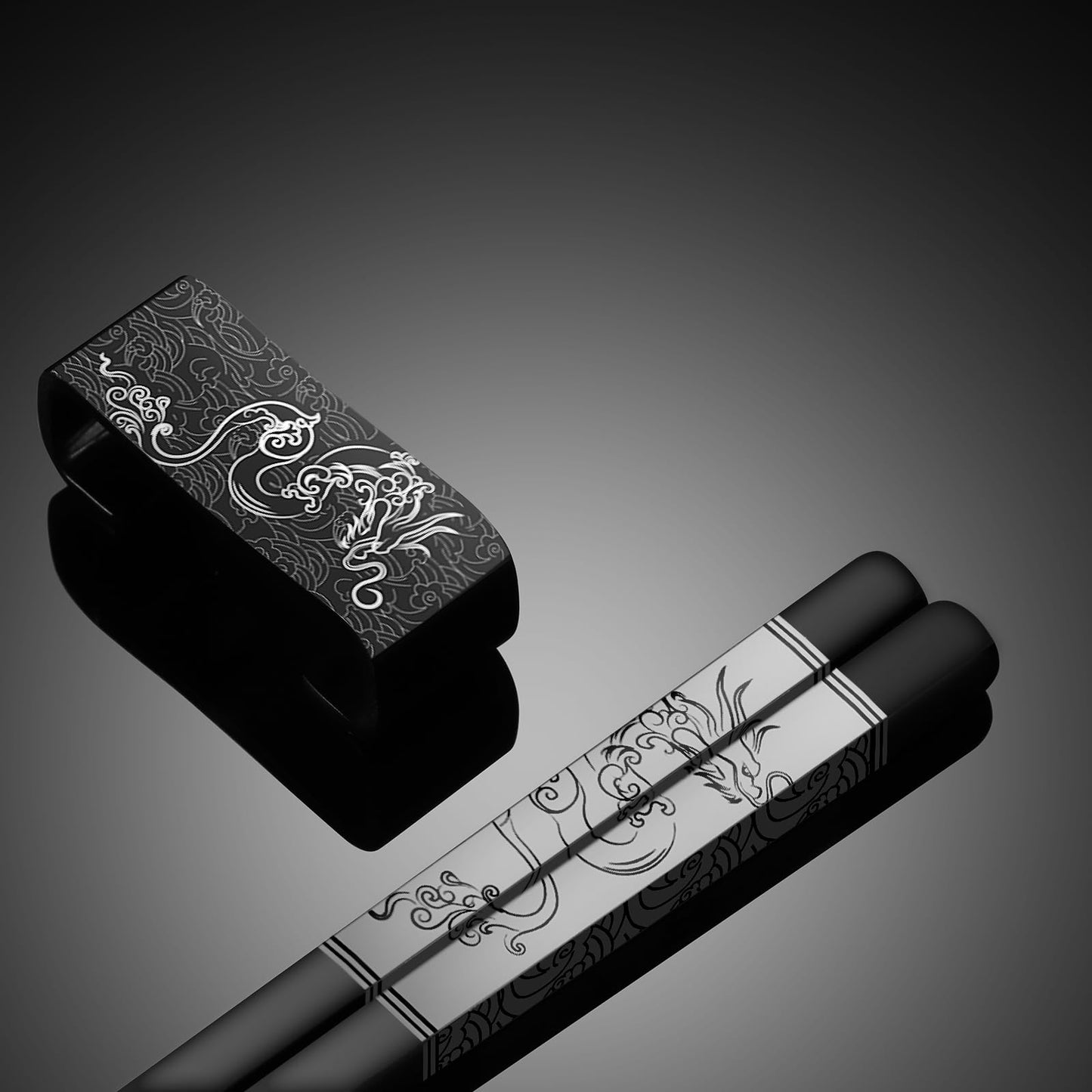 TIICOO Dragon & Phoenix Stainless Steel Chopsticks Set - 4 Pairs 18/8 (304) Metal Chopsticks with Holder - Chinese Traditional Gift Set, Non-Slip, Dishwasher Safe, Elegant Black Gift Box