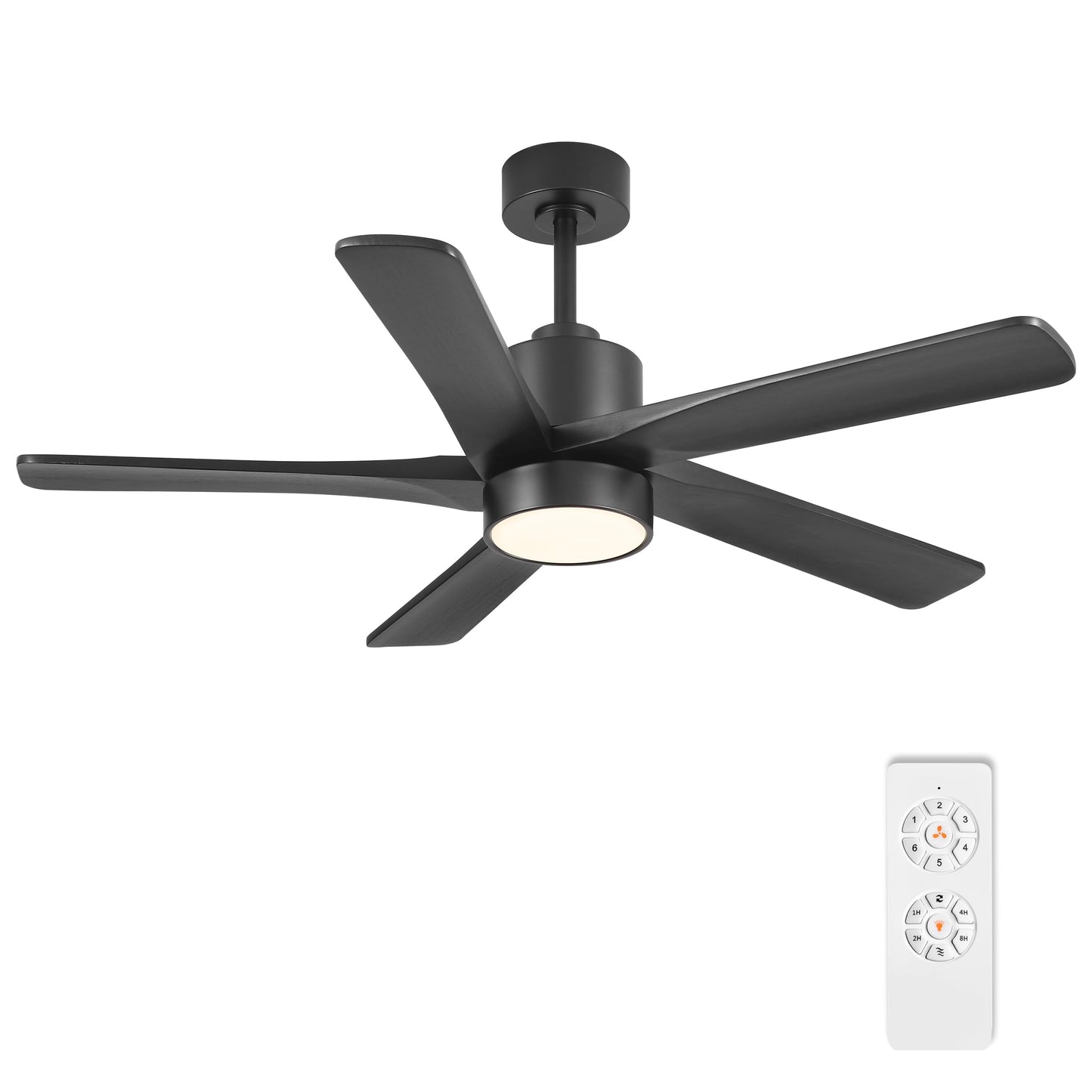 WINGBO 48 Inch DC Ceiling Fan with Lights and Remote Control, 5 Carved Solid Wood Blades, 6-Speed Noiseless Reversible DC Motor, Indoor Ceiling Fan in Matte Black Finish with Black Blades