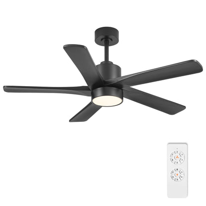 WINGBO 48 Inch DC Ceiling Fan with Lights and Remote Control, 5 Carved Solid Wood Blades, 6-Speed Noiseless Reversible DC Motor, Indoor Ceiling Fan in Matte Black Finish with Black Blades