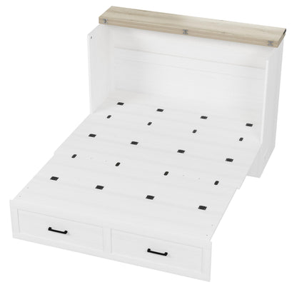 Merax Modern Farmhouse Solid Wood Murphy Cabinet Bed with Charging Station, Foldable Wall Platform Bed with Storage Drawer/No Box Spring Needed/Easy Assemble/Queen, White