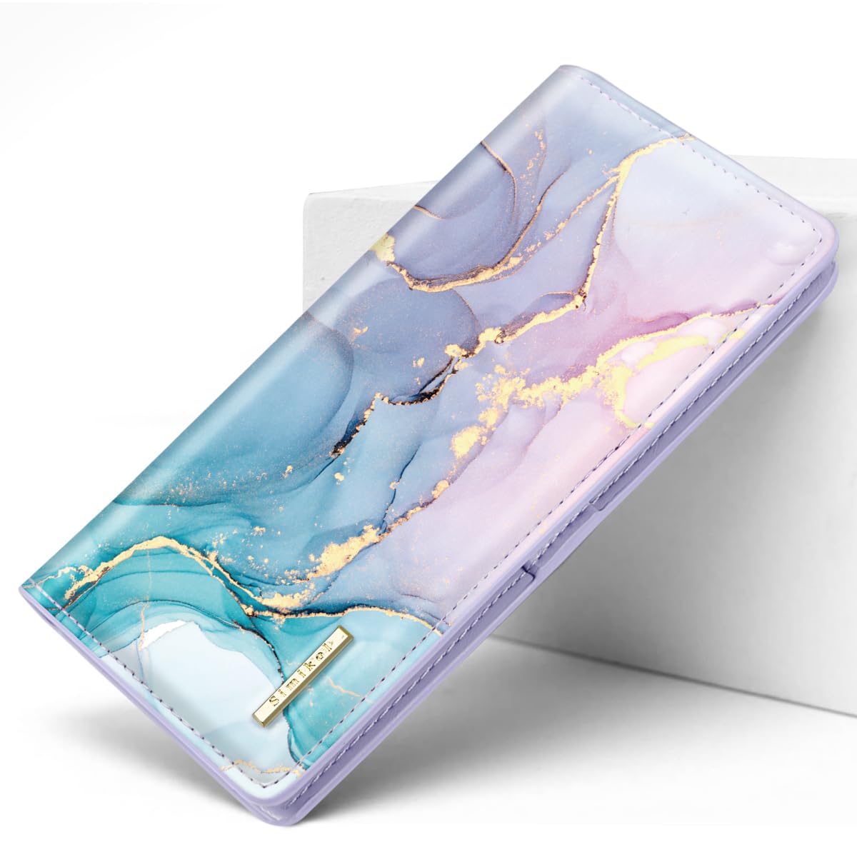 Simikol Ultra Slim Womens Wallet Minimalist Thin Long Leather Bifold Wallet RFID Blocking Card Holder Organizer with Zipper Coin Pocket Ladies Girls Gift Purse, Gradient Marble