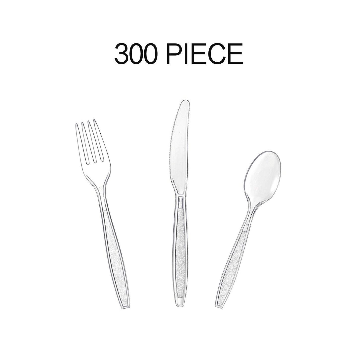 Cutlery Set Plastic Utensils Clear Forks Spoons Knives Disposable Silverware Heavyweight [300 Combo Box]