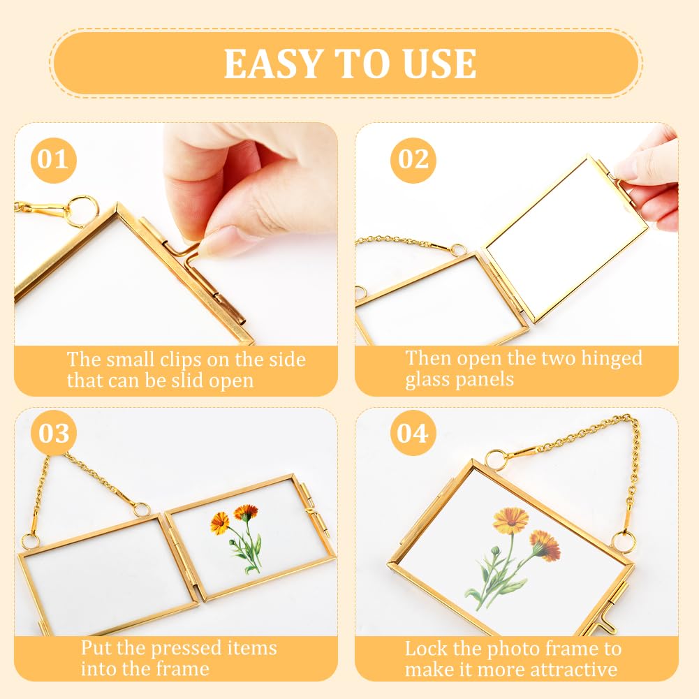 YOSINXU 4PCS Glass Frame for Pressed Flowers, 2x3 Inch Brass Hanging Photo Frame Double Glass-Frame with Chain for Pressed Flowers Leaf and Artwork with Ribbon