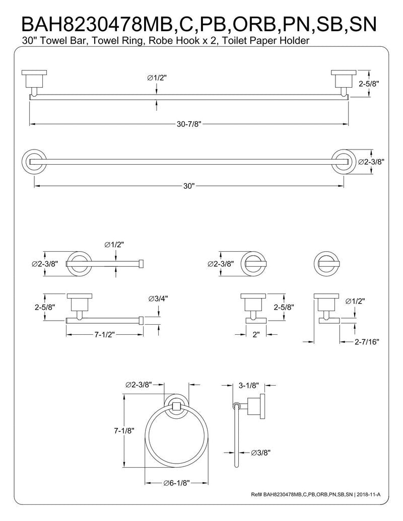 Kingston Brass BAH8230478C Concord 5-Piece 30-Inch Towel Bar Bathroom Accessory Set in Polished Chrome