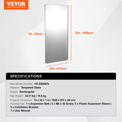 VEVOR Bathroom Vanity Mirror, 32" x 72" Bathroom Mirror for Over Sink, Aluminium Alloy Frame, Shatter-Proof, Scratch-Resistant, Vanity Mirror Wall Mounted Horizontally or Vertically