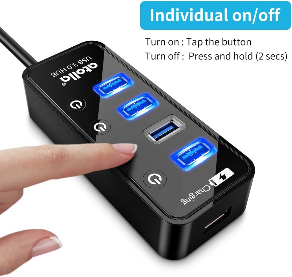 Atolla 4-Port USB 3.0 Hub with 4 Data Ports, 1 Smart Charging Port, Individual On/Off Switches and 5V/3A Adapter