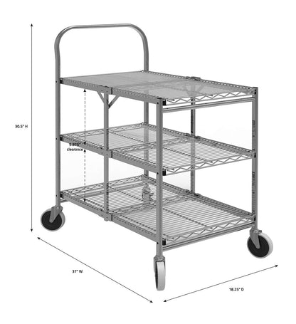 Luxor WSCC-3 Three-Shelf Collapsible Wire Utility Cart, Push Heavy Duty, 4" Thermoplastic Rubber Casters Two with Locking Brakes,Holds 300 lbs. and Folds Up for Storage, 37"W x 18.25"D x 30.5"H