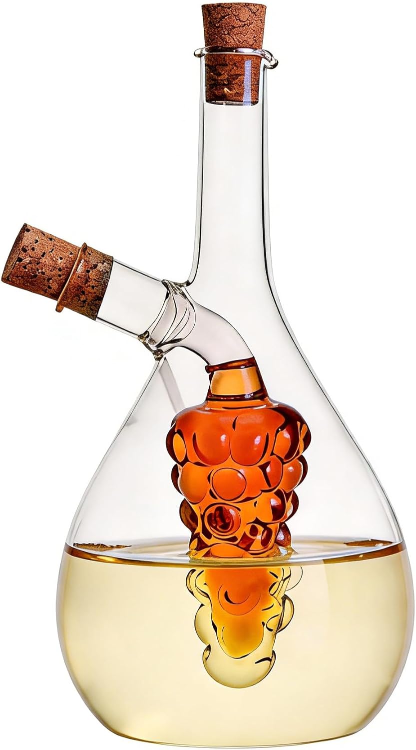 2 1 ELETON Grape Motif in Glass Oil and Vinegar Dispenser Dual Chamber Cruet Bottle for Olive Oil & Balsamic, Leakproof