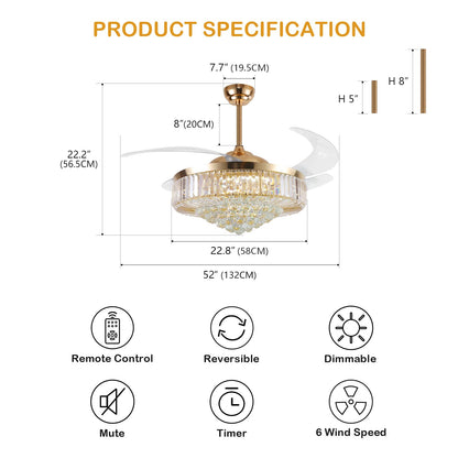 MOOONICHE 52 Inch Crystal Ceiling Fan with Light and Remote Modern Dimmable Fandelier Invisible Retractable Chandelier Fan Gold for Bedroom Living Room