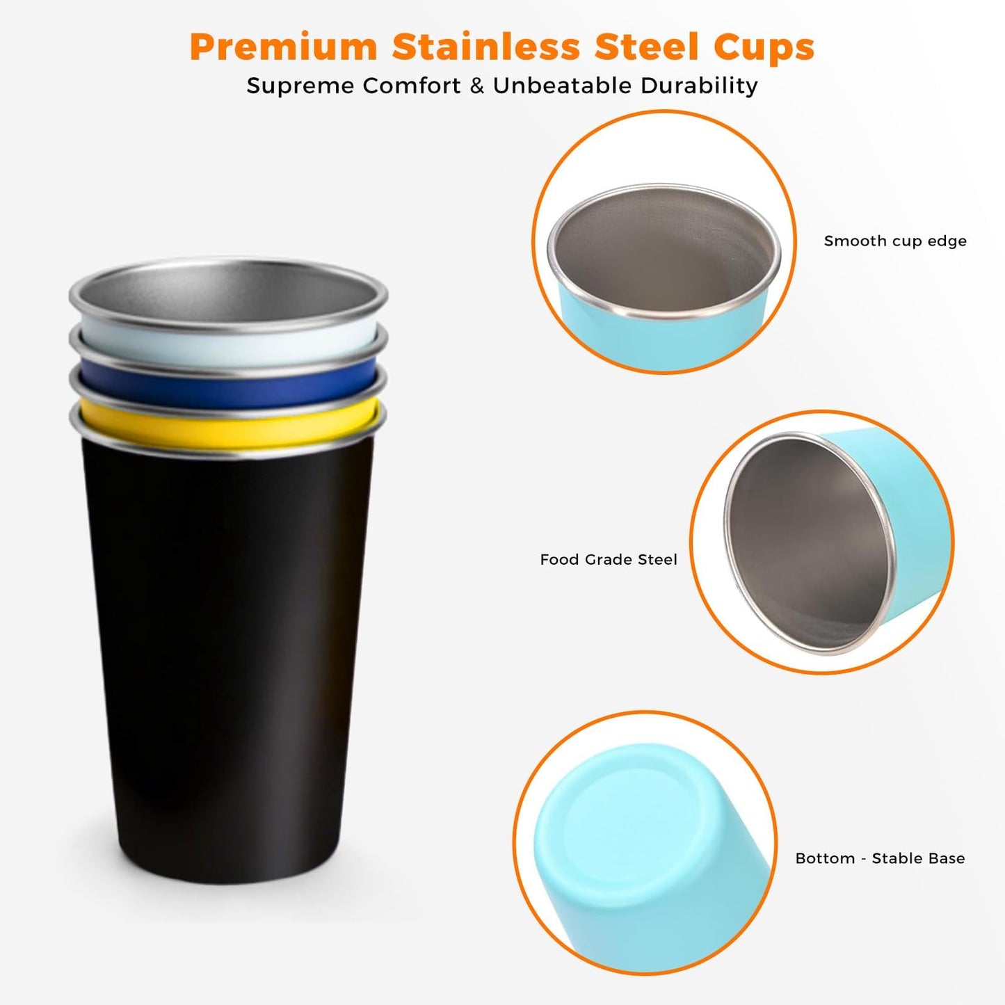 HAMIZHONGTAI 8 Pack Stainless Steel Cups 16oz - Colorful Stackable Shatterproof Metal Cups & stainless steel tumbler, Reusable BPA-Free Metal Drinking Cups for Camping, Travel, Outdoors