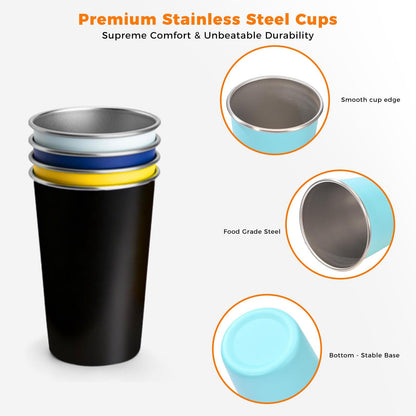 HAMIZHONGTAI 8 Pack Stainless Steel Cups 16oz - Colorful Stackable Shatterproof Metal Cups & stainless steel tumbler, Reusable BPA-Free Metal Drinking Cups for Camping, Travel, Outdoors