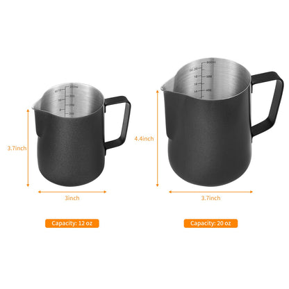 2 Pack Matte Black Milk Frothing Pitcher, 12oz/350ml & 20oz/600ml Espresso Steaming Pitcher, Stainless Steel Milk Frother Steamer Cup, Perfect for Espresso Coffee Cappuccino Latte Art