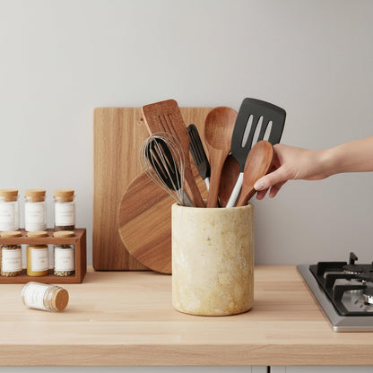SPESHSTONES Marble Utensil Holder 6.5 Inch Travertine Utensil Caddy, Wooden Cooking Utensils Set & Spatula Organizer for Kitchen Counter Decor, Stone Crock for Spoon Holder & Farmhouse Decor