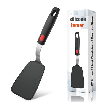 Flexible Silicone Spatula Turner, Heat Resistant Silicone Turner for Non-Stick Cookware, BPA-Free Food Grade Kitchen Spatula Utensils, Ideal for Flipping Eggs, Burgers, Pancakes, 11.8 x 2.4 in, Black