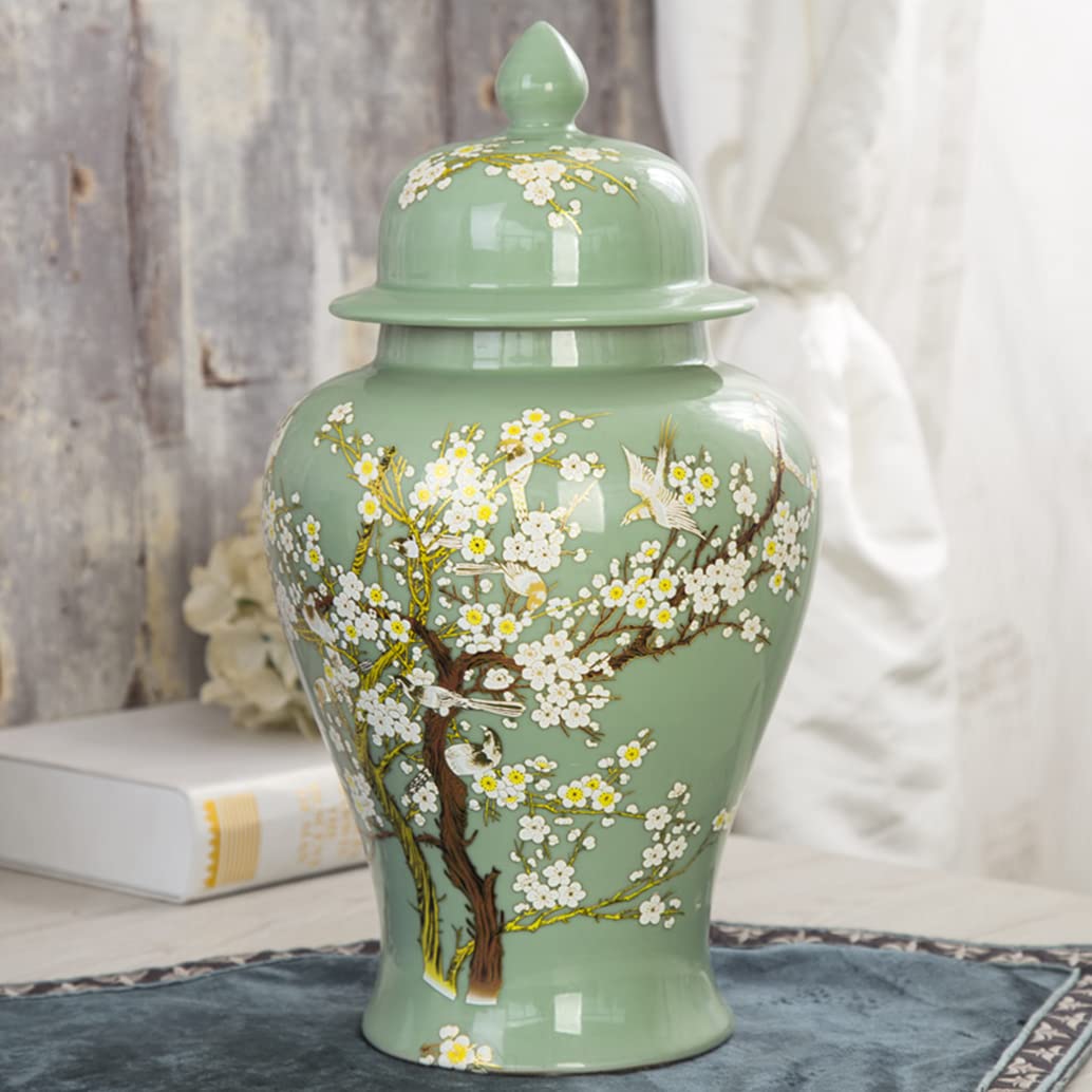 Green Ceramic Ginger Jar With Lid For Home Decor,Traditional Trees And Flowers Temple Jar, Jingdezhen Handcrafted Porcelain Vase Centerpiece Decor M (Green L) (Gr