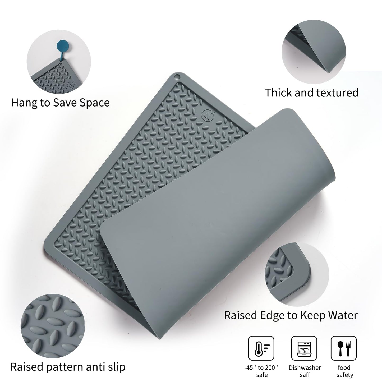Silicone Drying Mat & Heat Resistant Mat for Kitchen Counter, Non-Slip Dishwasher Safe, Raised Edge for Dishes Bottles Sink (15.35x11.61in, Gery)