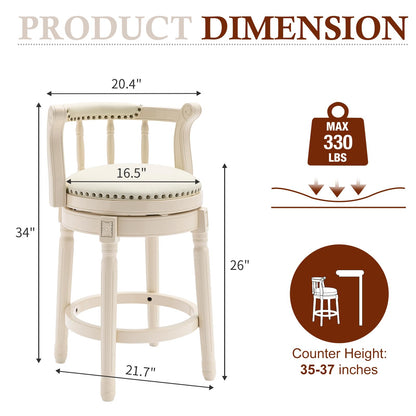 CozyRain Bar Stools Modern Swivel Barstools, Kitchen Counter Genuine Leather Upholstered Bar Stool Island Barstool with Footrest for Home Kitchen Dining Room (White, Seat Height 26 in)