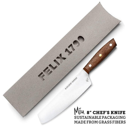 Zepter Felix MIU Chef Knife, 8in long global kitchen knife. Butcher knife for meat cutting, vegetable&bread slicing. Chef's walnut handle, sharp carbon steel, handmade Germany cooking tools est. 1790