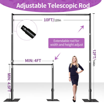 12x10 Pipe and Drape Stand Kit, Heavy Duty Backdrop Stand Adjustable, Sturdy Metal Back Drop Decoration Frame with Flat Base for Parties, Flower Wall, Wedding, Event,Trade Shows, Photo Shoot- Black