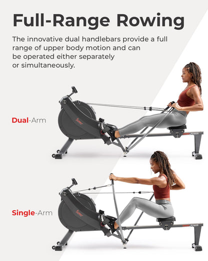 Sunny Health & Fitness Magnetic Rowing Machine with Extended Slide Rail, Full-Body Workout, Low-Impact, Innovative Full Motion or Premium Water Motion and Optional Exclusive Free SunnyFit App