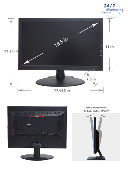 101AV 18.5" Scaled 4K Security Monitor with Super Sampling Anti-Aliasing (SSAA), HDMI (Scaled 4K/8MP), BNC in/Out, VGA, VESA Mount, Ultra-Smooth Detail for 24/7 CCTV & Home Office Surveillance use