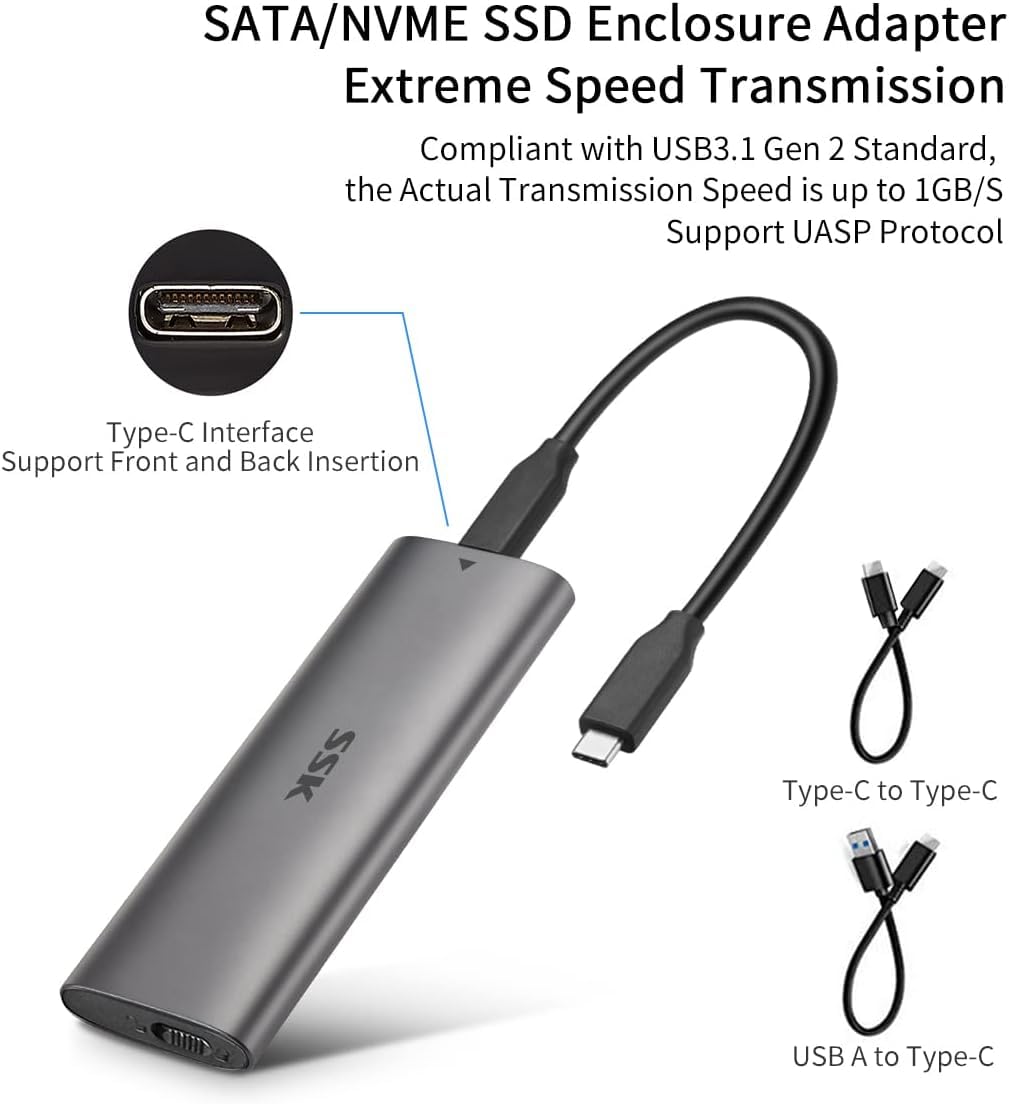 SSK Aluminum M.2 to USB NVMe SATA SSD Enclosure Reader, Tool-Free USB 3.2 Gen 2 10Gbps NVMe PCI-E 6Gbps SATA M-Key / B+M Key Solid State Drive External Adapter with UASP Trim, for SSDs 2242 2260 2280