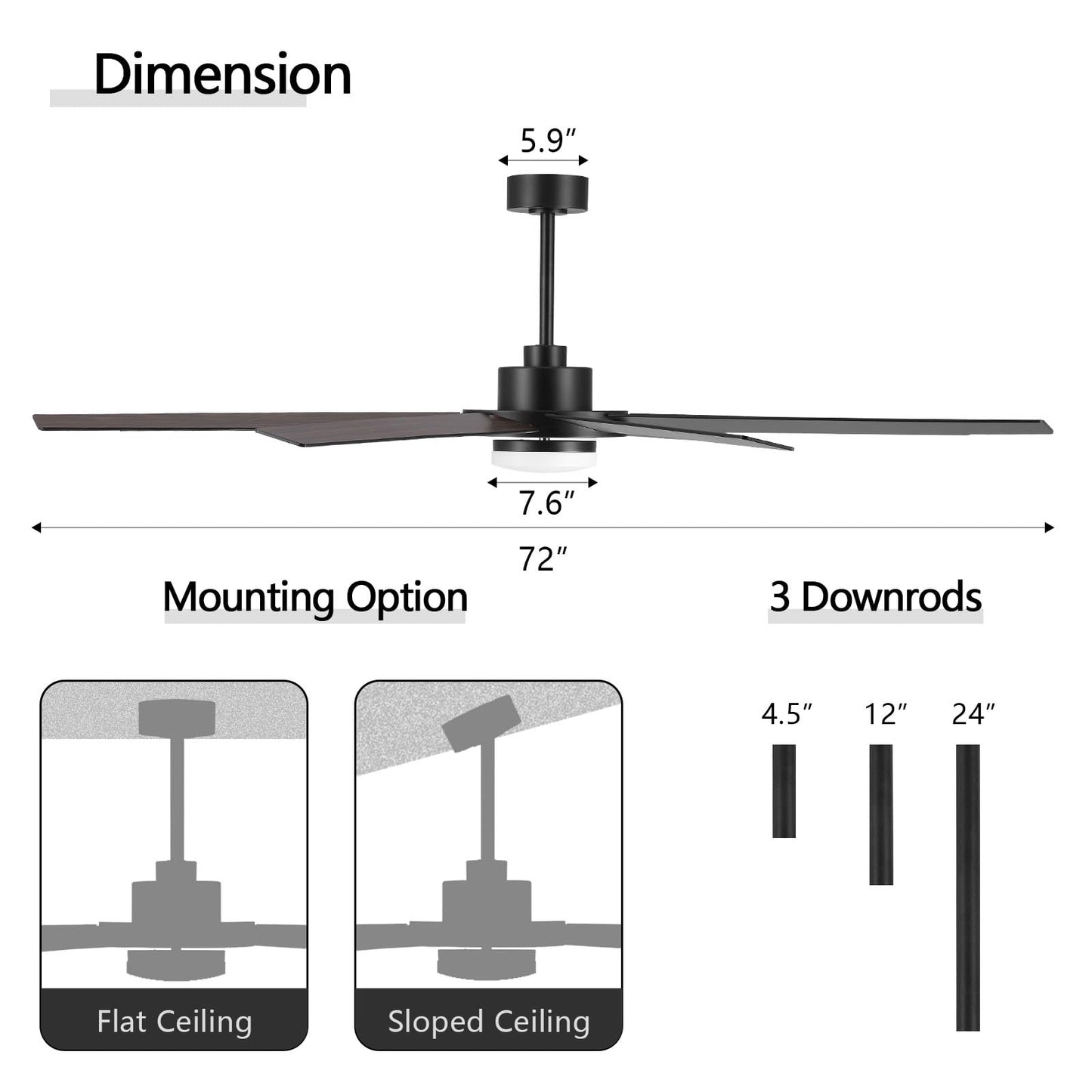 WINGBO 72" Ceiling Fan with Light and Remote Control, 6 Speed Reversible DC Motor, Dimmable LED Light, for Home and Commercial Use, Living Room/Shop/Warehouse Black/Walnut