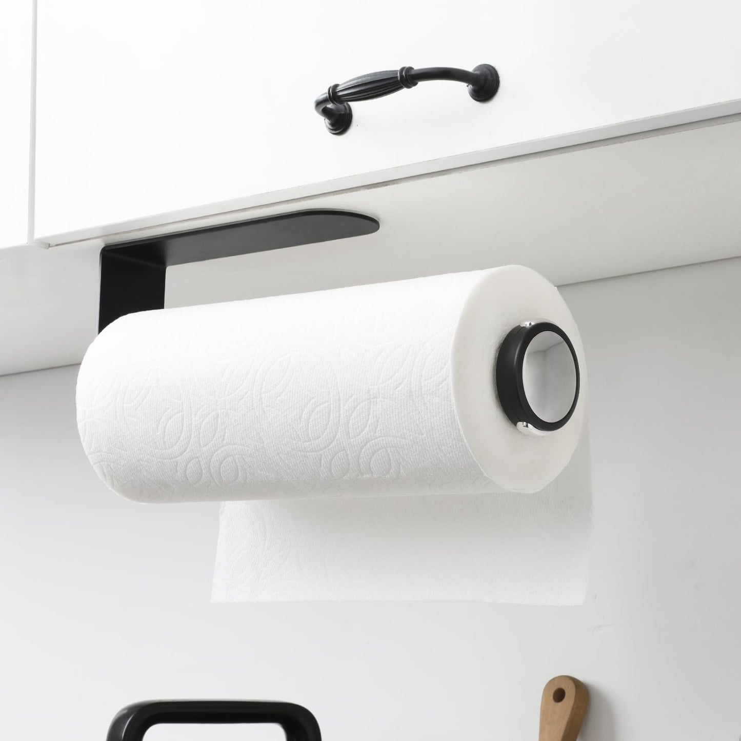 theaoo Under Cabinet Paper Towel Holder for Kitchen, Easy One-Handed Tear, Quick Release Knob for Easy Roll Loading, Wall-Mounted Dispenser, Self-Adhesive or Drill Mounting, Black Stainless Steel