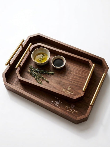 ZEPHINE HOME Luxury Decorative Wooden Serving Trays, Dark Brown Hexagonal Design with Gold Handles, 18x12 in/13.7x8.8 in, Modern Ottoman Tray Set of 2 for Coffee Table, Bar, Home Decor, Serving